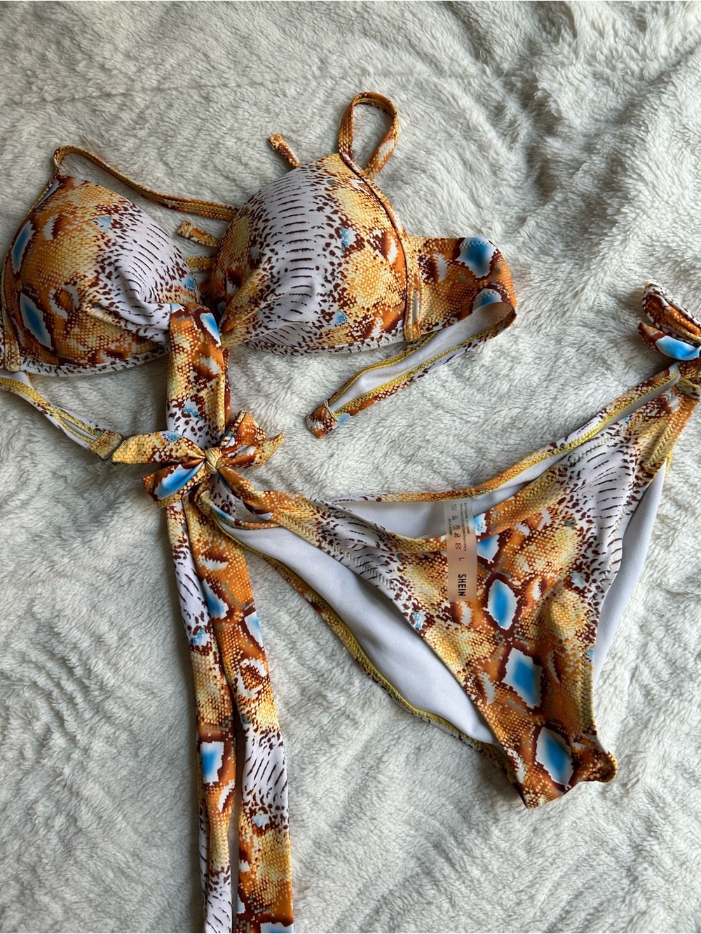 SHEIN Yellow Brown Printed Bikini with Blue Accents